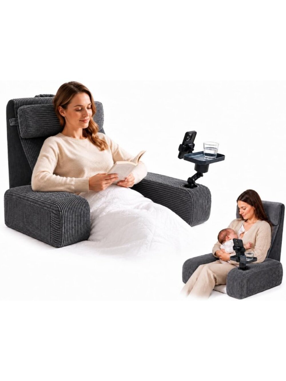 Cozy XL Reading Pillow for Adults - 24in, Cup Holder, Phone Caddy & Tray Mount